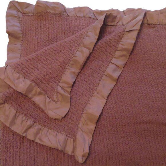 Vintage Acrylic Waffle Weave Blanket All Around Satin Trim Dark Brown USA Made - Picture 7 of 11